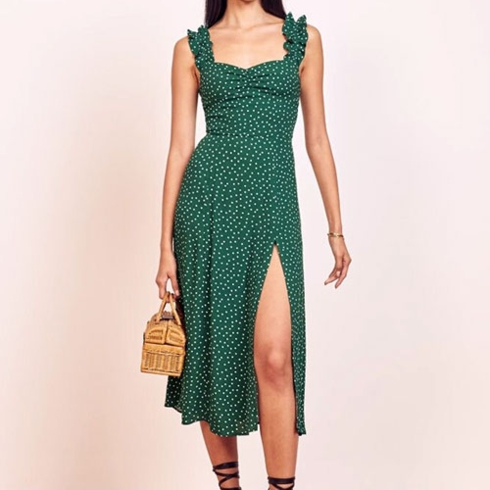 NWT Rihoas Green Polka Dot Ruffle Midi Dress Slit Medium